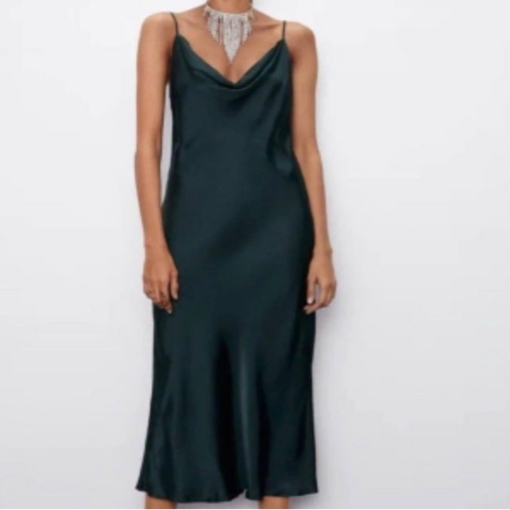Dark green satin midi slip dress